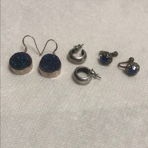 Blue Druzy Drop Earrings with Silver Setting - Women Jewelry